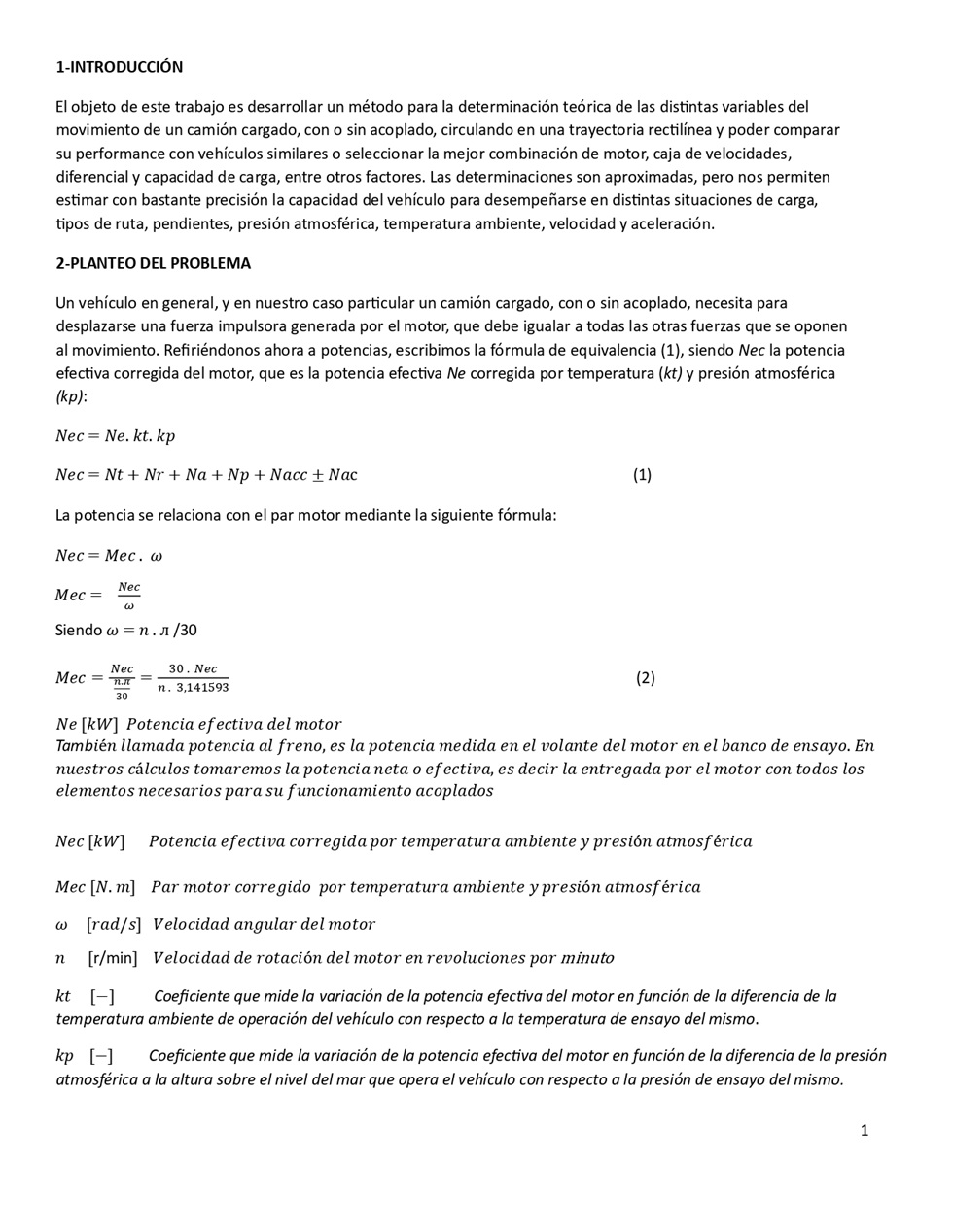 Clculo de la performance de camiones cargados. Pgina 01