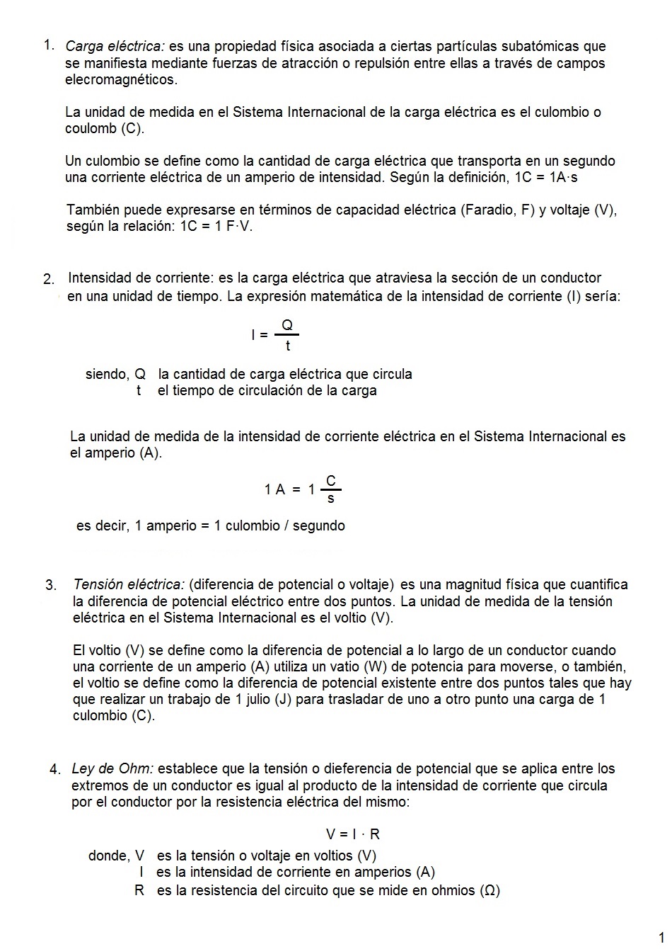 Conceptos generales de electricidad y frmulas elctricas. Pgina 01