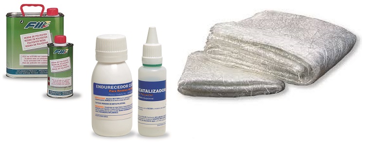 Resina de polister, catalizador y telas de fibra de vidrio