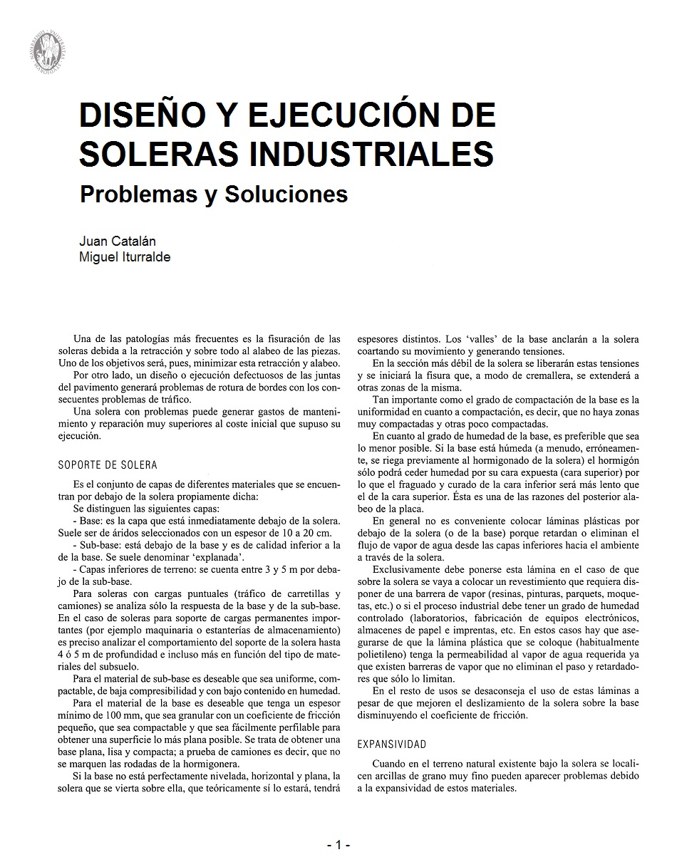 Diseo y Ejecucin de Soleras Industriales: Problemas y Soluciones. Pgina 01